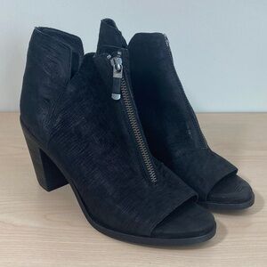 Eileen Fisher Black Textured Leather Open Toe Heeled Boots with Zipper Detail